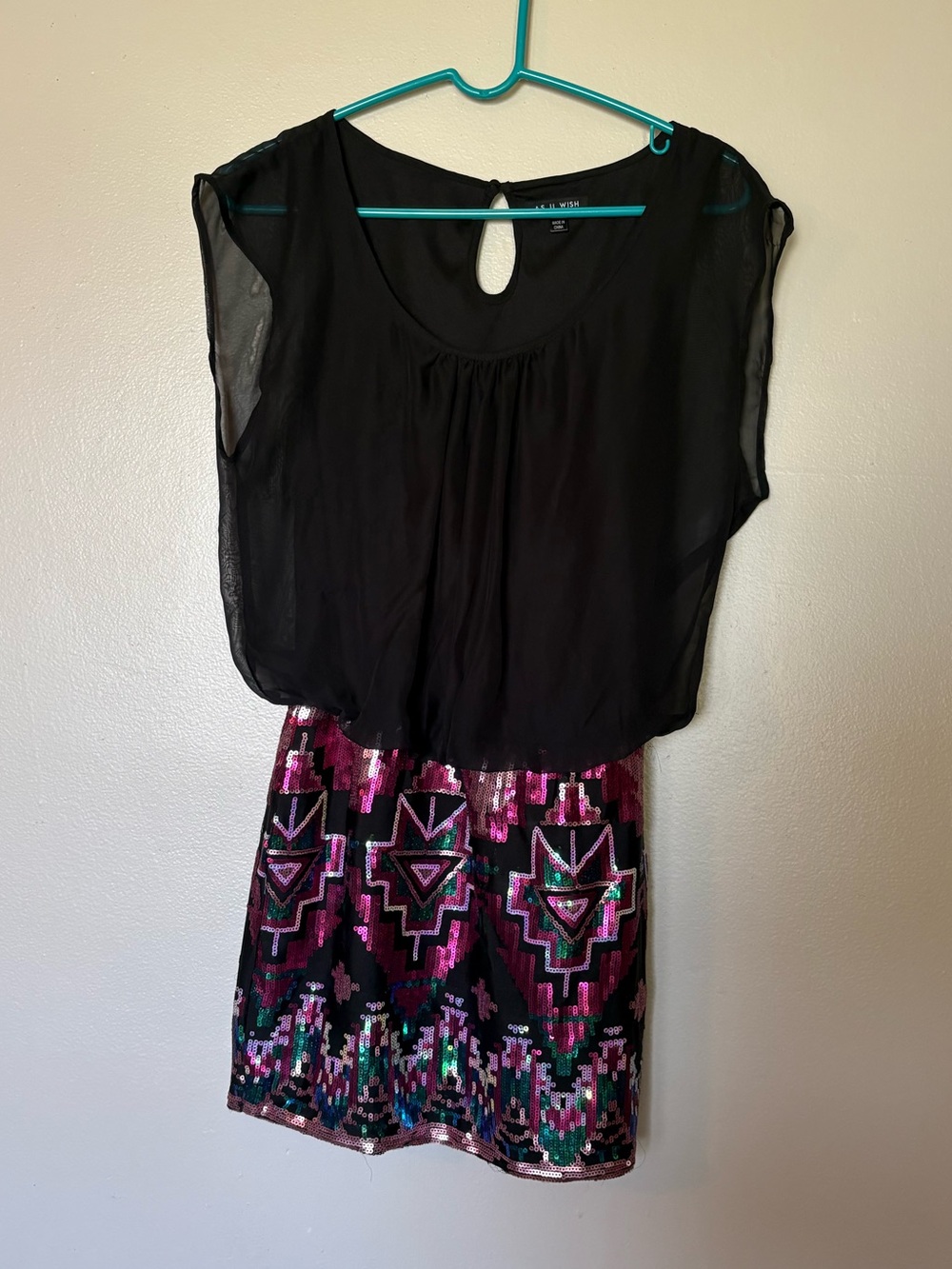 As U Wish Black Chiffon Top with Pink and Teal Sequin Aztec Mini Skirt